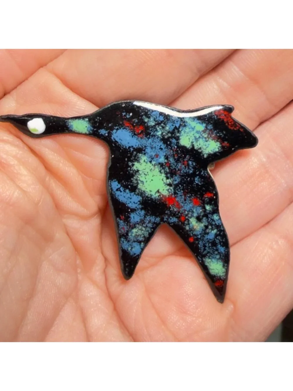 Bird Brooch Flying Swallow Glitter Enamel Handmade Black Colorful Pin 2”
